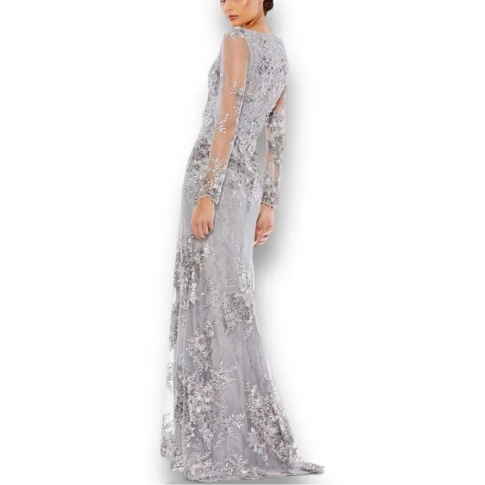 MAC DUGGAL Women’s Embellished V-Neck Illusion Long Sleeve Gown in the Size 12 - Picture 3 of 14